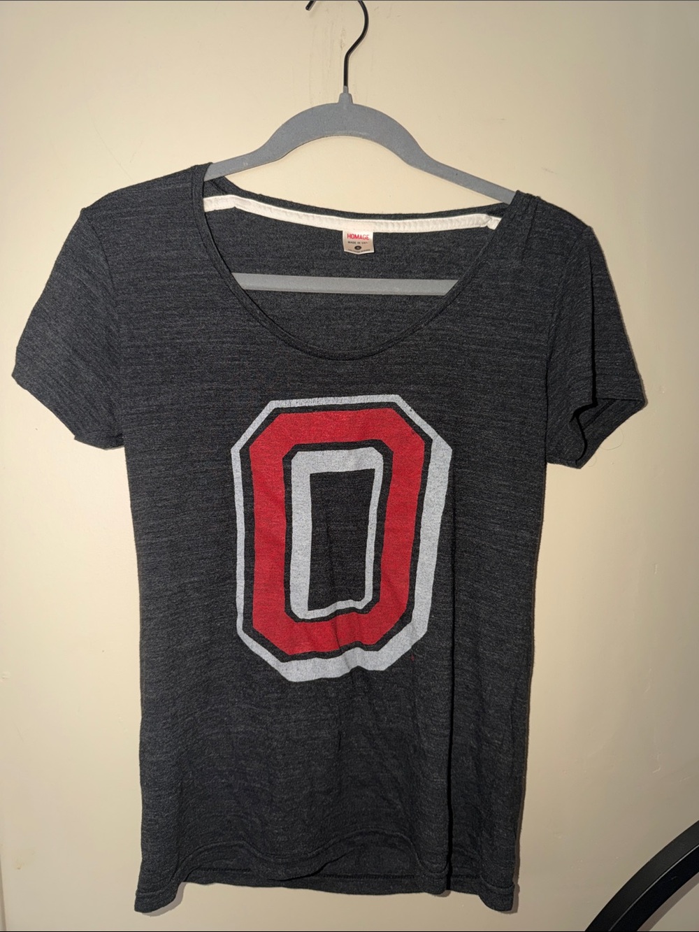 HOMAGE Charcoal Scoop Neck Tee with Red and White 'Ohio State’ Graphic